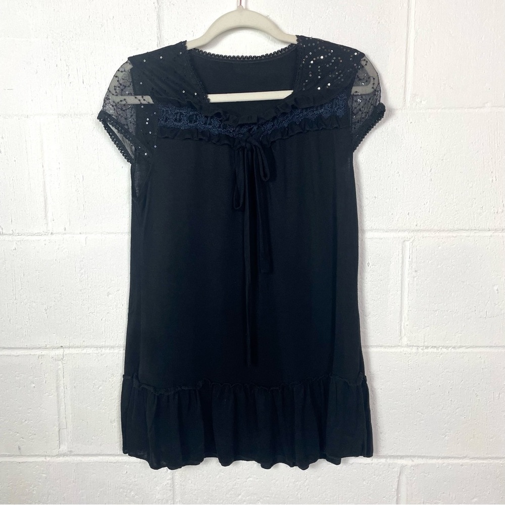 Black Babydoll Dress Sheer Sleeves Sequins Tiered Dark‎ Fairy Gothic Regency S/M